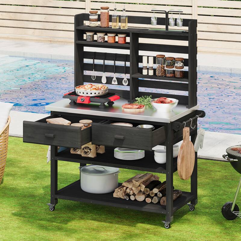 64.9"H Outdoor Potting Table with Lockable Wheels,Solid Wood Kitchen Island with Upper Hutch,Stainless Steel Top,Towel Rack