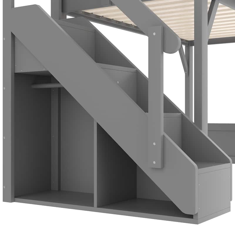 Full/Twin Loft Bed with Built-in Wardrobe, Storage & Stairs - Solid Wood, Full-Length Guardrails, No Box Spring