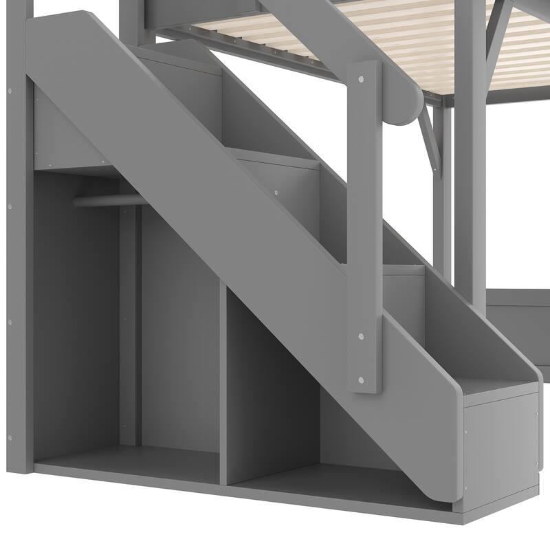 Kids Solid Wood Loft Bed Frame with Built-in Wardrobe, Storage Shelves, Full-length Guardrails and Stairs, No Box Spring Needed