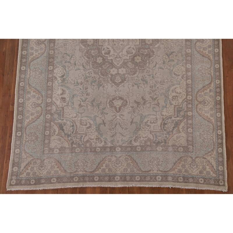 Grey Distressed Tabriz Persian Antique Rug Hand-knotted Wool Carpet - 6'5" x 9'4"