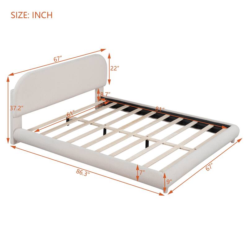 Queen Size Upholstered Platform Bed with Curve-shaped Design, Beige