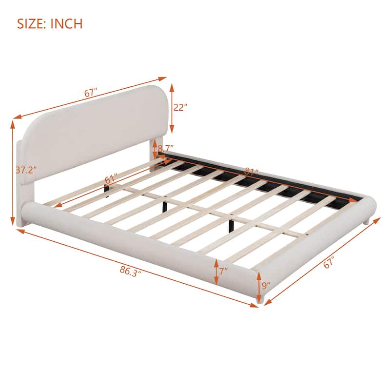 Teddy Fleece Queen Size Upholstered Platform Bed with Thick Fabric, Solid Frame and Stylish Curve-shaped Design, Beige