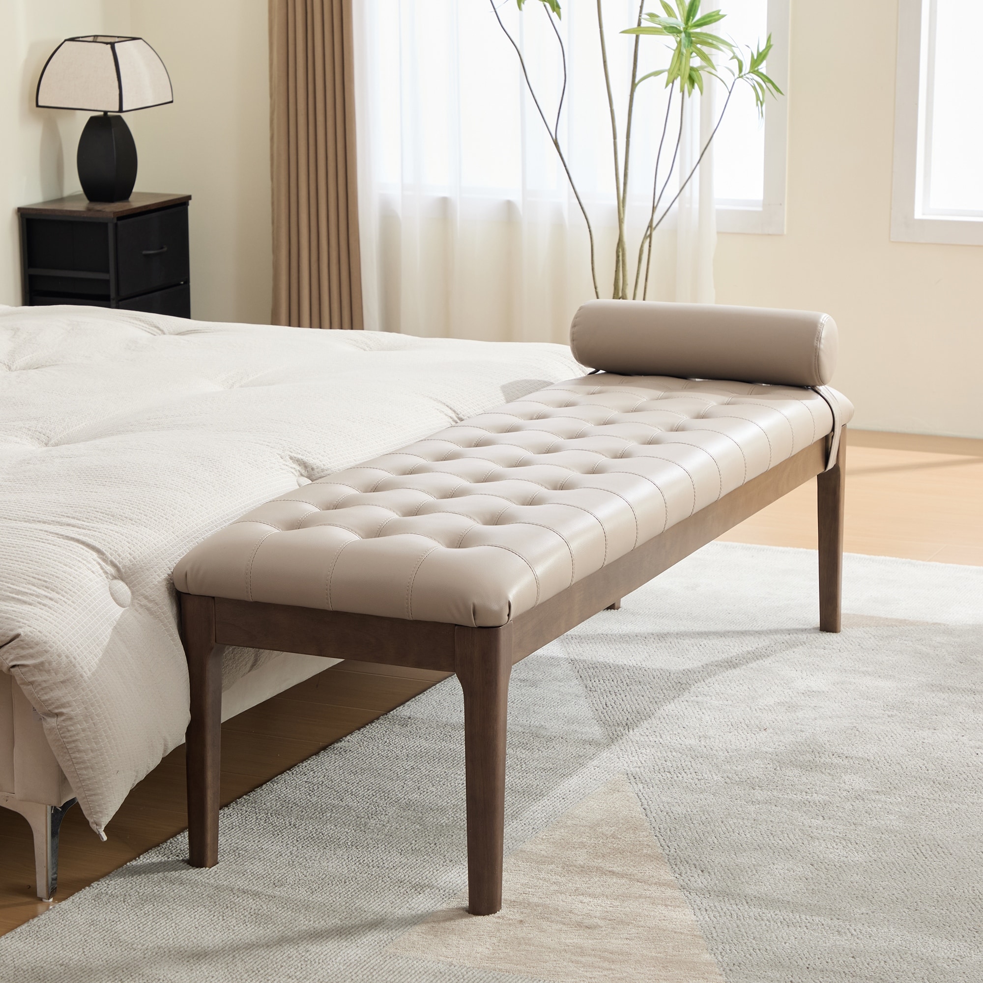 66-in Faux Leather Upholstered Bench,Entryway Bench Stool with Rubber Wood Legs