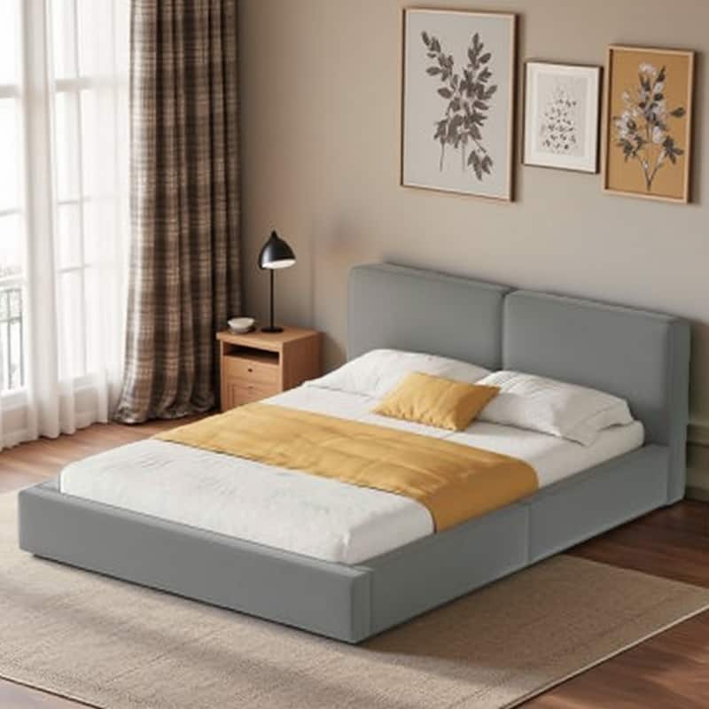 Velvet Upholstered Queen Platform Bed with Solid MDF Frame, Grounded Design for Stability - Gray