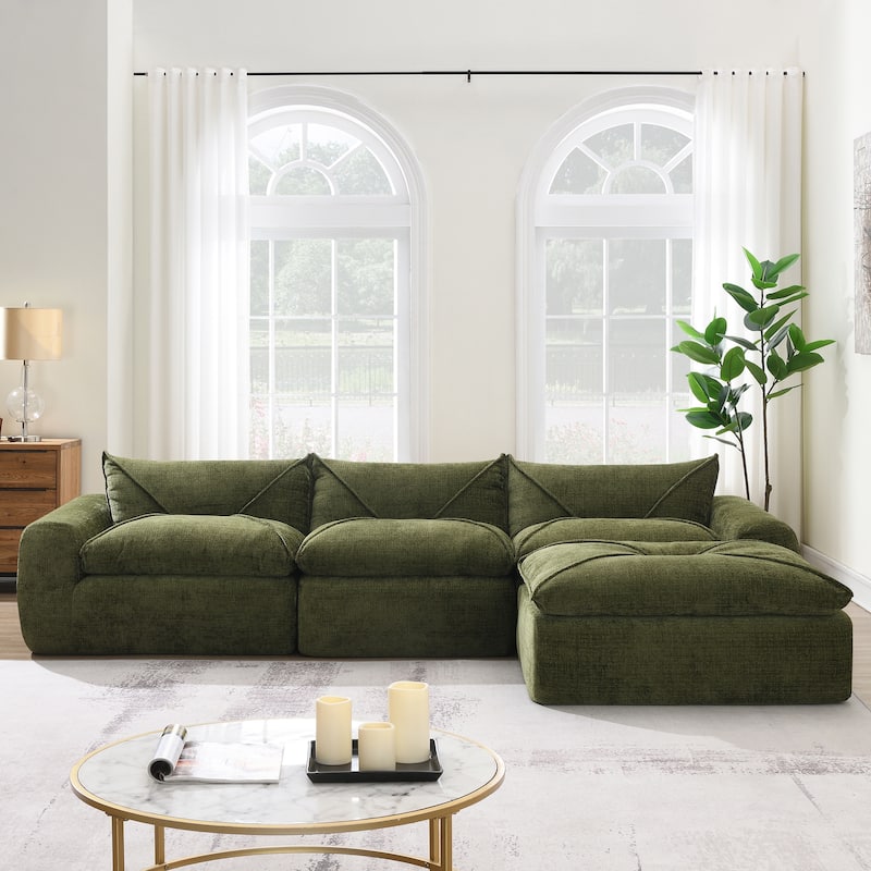 Particle Chenille Sectional Sofa Pull-line Pull-point Design Sofa with Movable Ottoman - Green