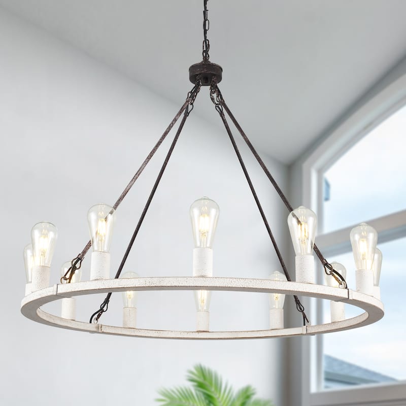 12-Light Circel Candlestick Wagon Wheel Chandelier Hanging Linear Chandelier Lighting for Kitchen Island - Black and White