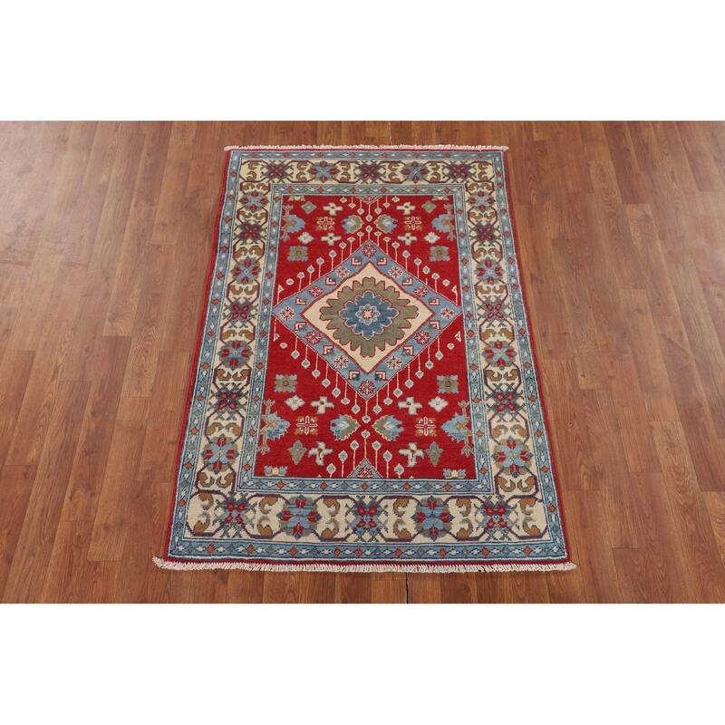 Geometric Red Kazak Foyer Rug Hand-Knotted Oriental Accent Wool Carpet - 3'2" x 4'9"
