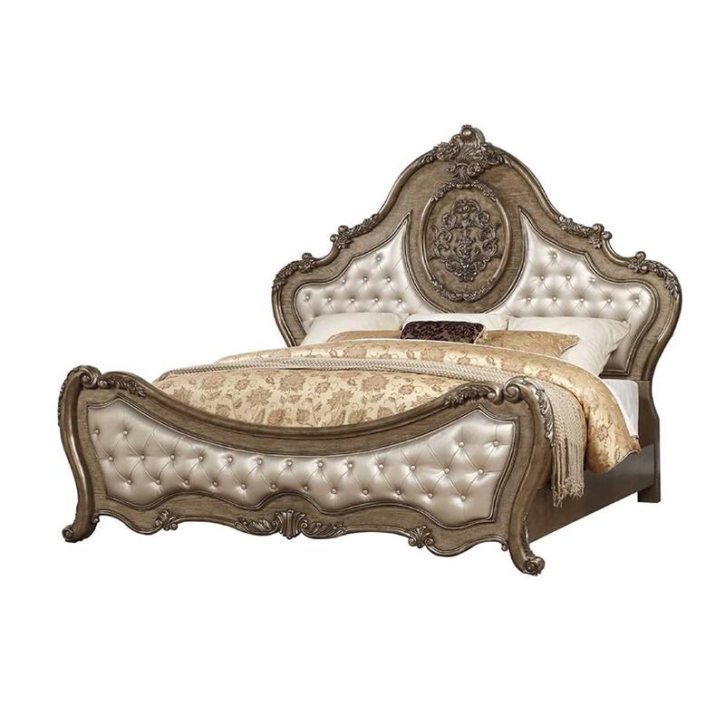 Faux Leather Bed with Button Tufted in Vintage Oak Finish - Queen