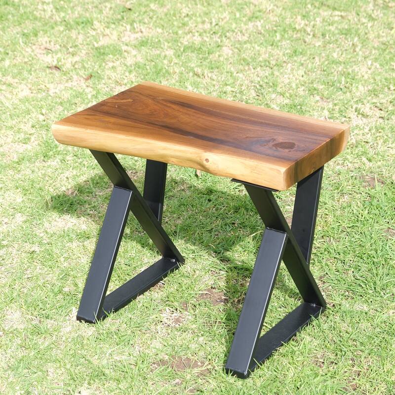 Greenage Pieced Teak Rectangle Bench Rustic Metal Seating Chair