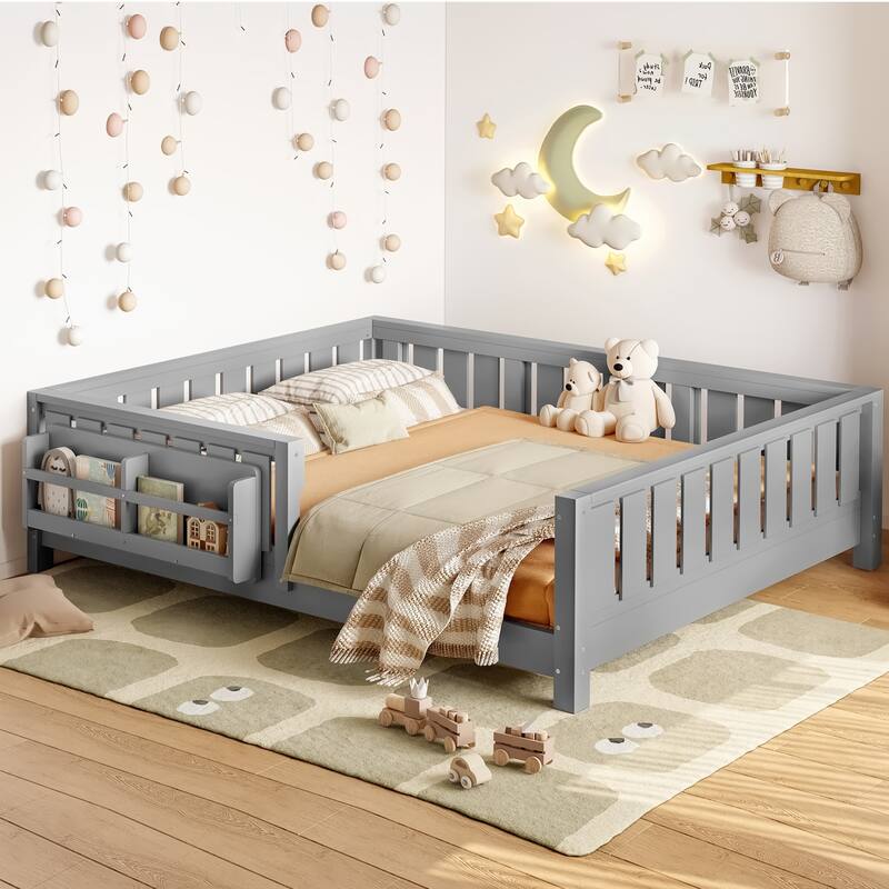 Low Profile Montessori Bed Floor Platform Bed with Fence and Bookshelf - Grey - Full
