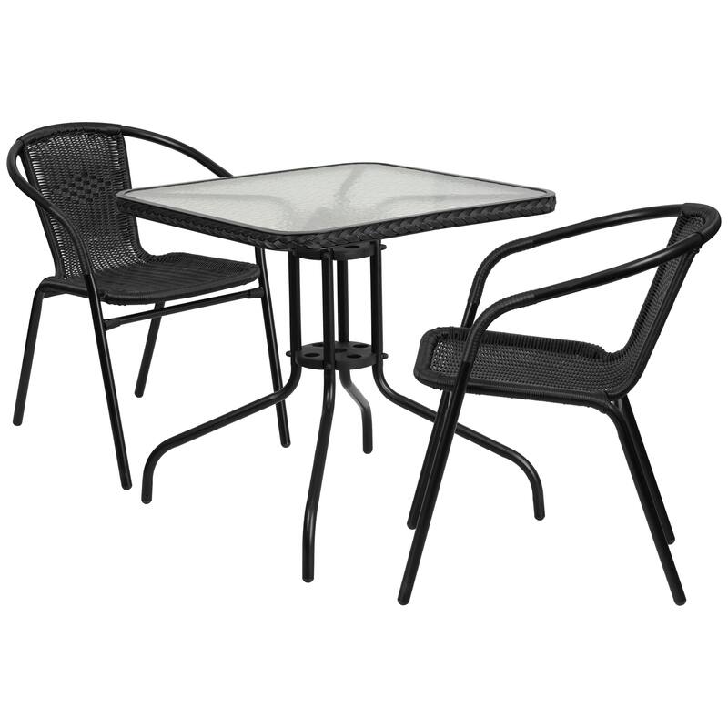 3-piece Metal/ Rattan Patio Dining Set with 28-inch Square Table - 28"W x 28"D x 28"H