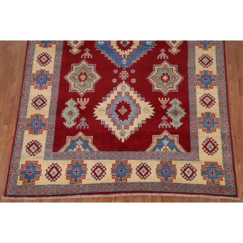 Hand Knotted Oriental 100% Wool Carpet Traditional Geometric Red Kazak Area Rug - 9' 8'' X 6' 7''