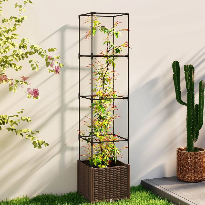 Outsunny Raised Garden Bed with Trellis, 71.7" Tomato Cage with Lockable Wheels, Self Watering Outdoor Planter Box - Brown