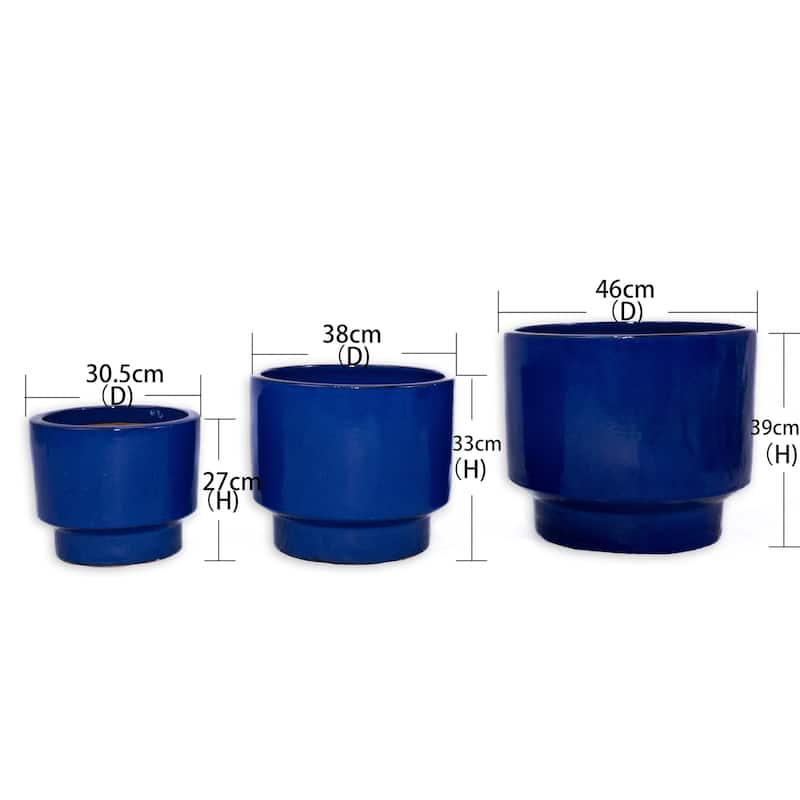 Antique Blue Green Ceramic Planter Set of 3 - 15 Inch Square Modern Plant Pots with Drainage
