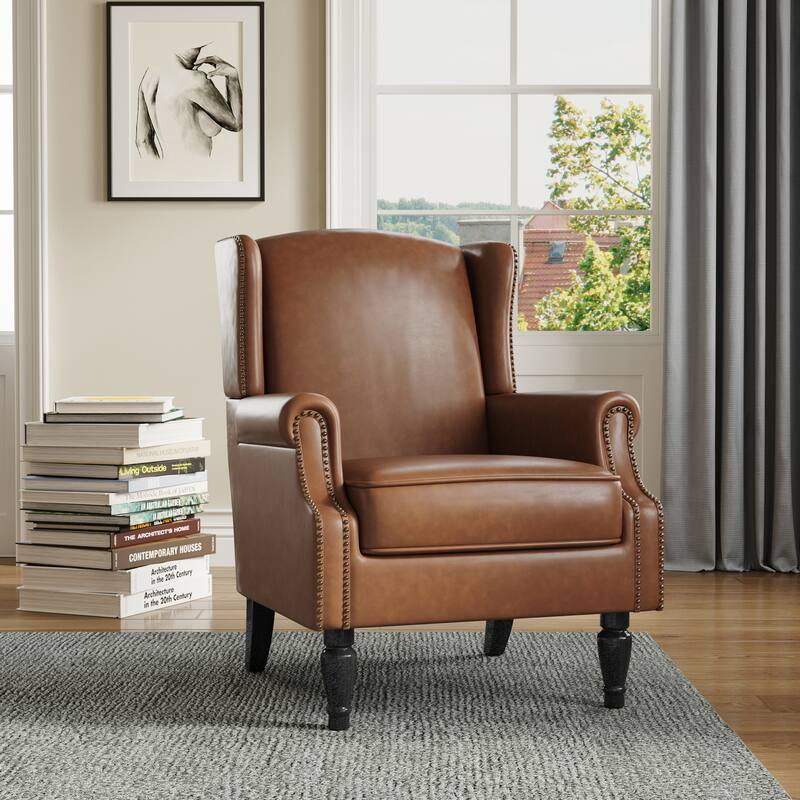 Wingback Accent Chair Nailhead Trim Living Room Reading Chair - Brown Leather