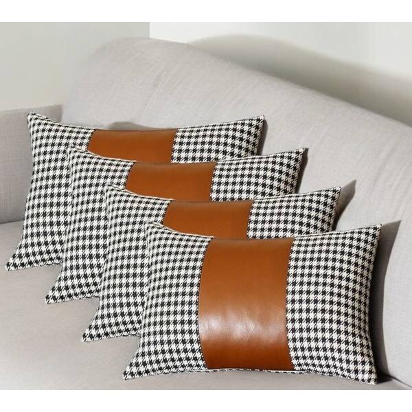 Set Of 4 Houndstooth Brown Faux Leather Pillow Covers