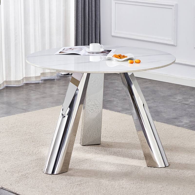 Roomfitters 42" Round Dining Table with Marble Top and Stainless Steel Legs, Seats 4 to 6, White Marble