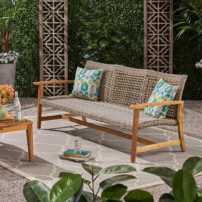 Roomfitters 3-Seater Outdoor Wicker Patio Loveseat with Acacia Wood Frame and Sloped Armrests