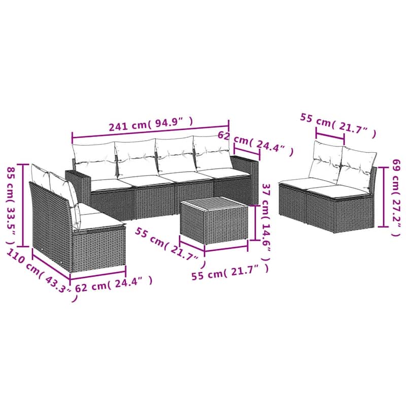 vidaXL Patio Sofa Set with Cushions Outdoor Furniture 9 Piece Poly Rattan - 25.8 x 24.4 x 27.2