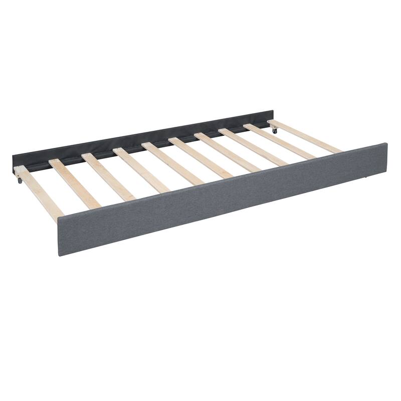 Grey Linen Queen Bed with Brick Headboard, Trundle & Drawers