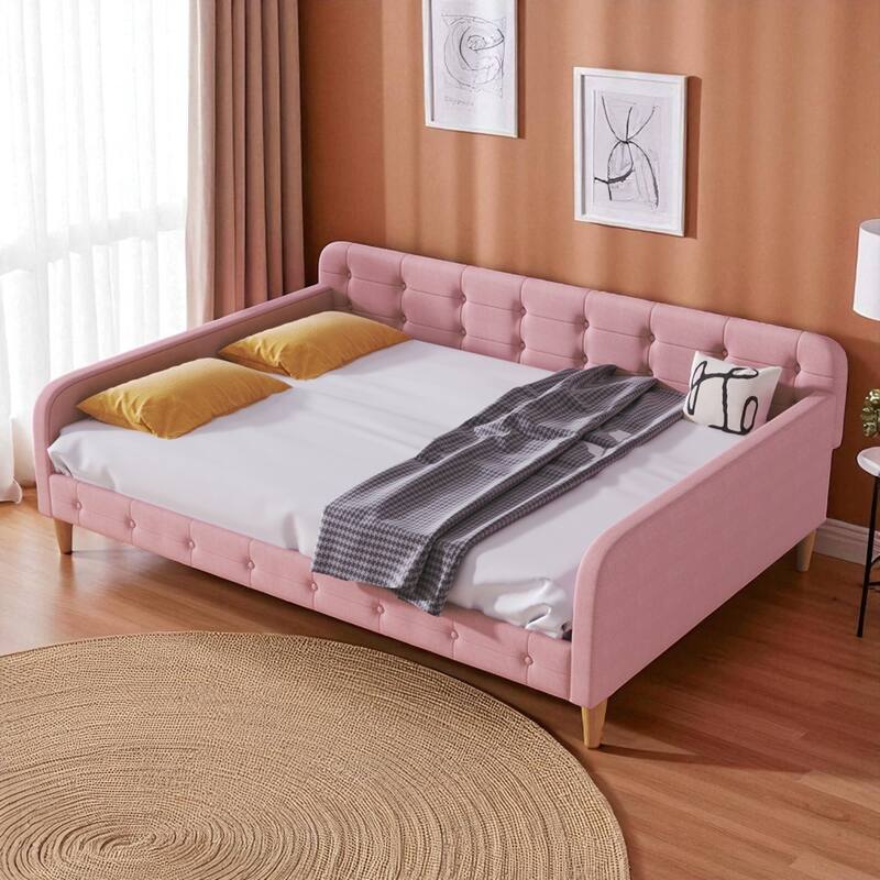 Full Size Upholstered Daybed with Velvet Fabric, Solid Wood Frame, Slat Support, No Box Spring Needed