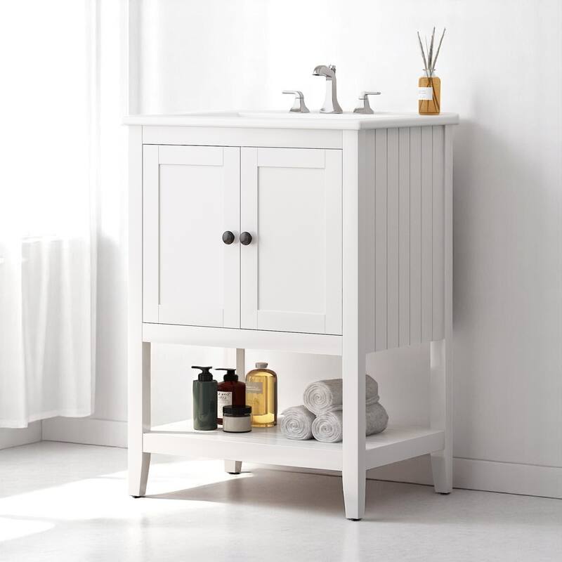 24" Freestanding Bathroom Vanity with Semilune Ceramic Sink, Solid Pine Wood Frame & Open Bottom Shelf - White