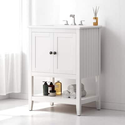 24" Freestanding Bathroom Vanity with Semilune Ceramic Sink, Solid Pine Wood Frame & Open Bottom Shelf