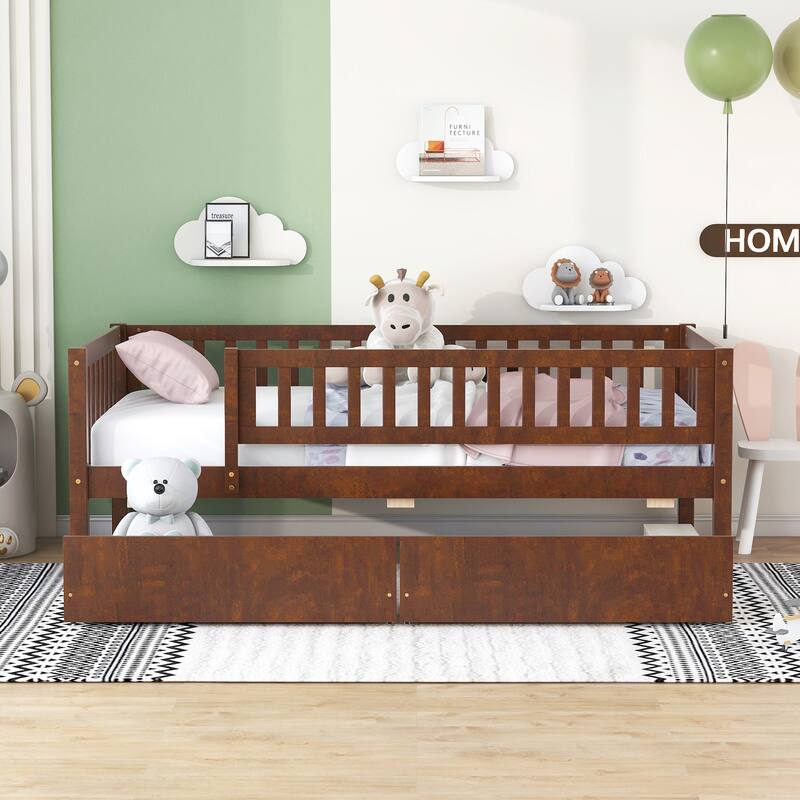 Pinewood Daybed Dual-Use Sofa Daybed with 2 Drawers, Solid Guardrail - Walnut - Twin