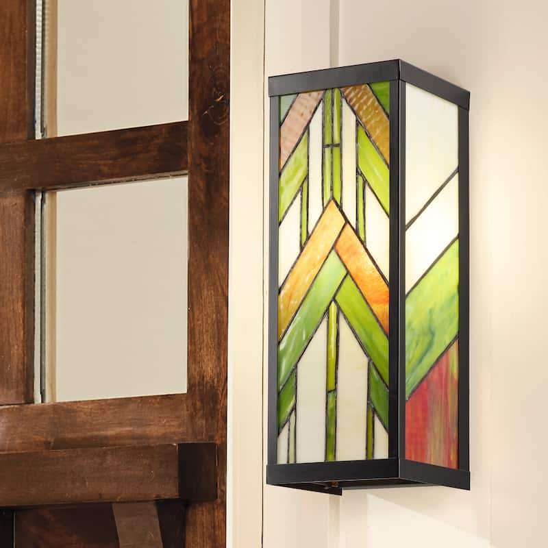 River of Goods Green Stained Glass and Black Satin Rectangular 1-Light Outdoor Wall Sconce - 6.25" x 5.5" x 16.25"