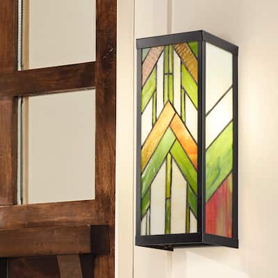 River of Goods Green Stained Glass and Black Satin Rectangular 1-Light Outdoor Wall Sconce - 6.25" x 5.5" x 16.25"