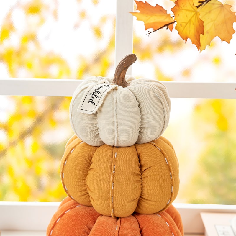 Glitzhome 13"H Fall Stacked Fabric Pumpkin Thanksgiving Table Centerpieces Decor