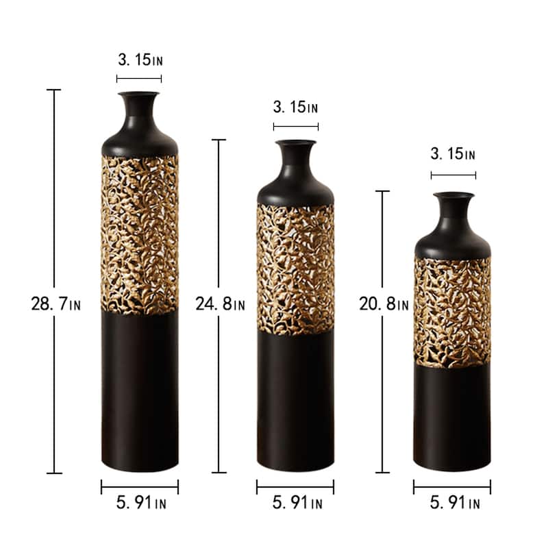 Decorated Floor Glazed Metal Vases (Set of 3)