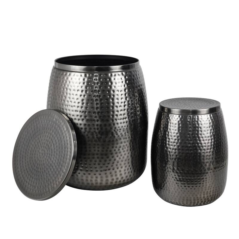 happimess Rustic Metal Drum Storage Side Table with Lid - Antique Nickel - 19 (Set of 2)