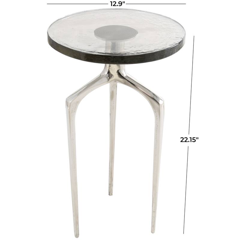 Silver Aluminum Metal Accent Table with Textured Glass Tabletop