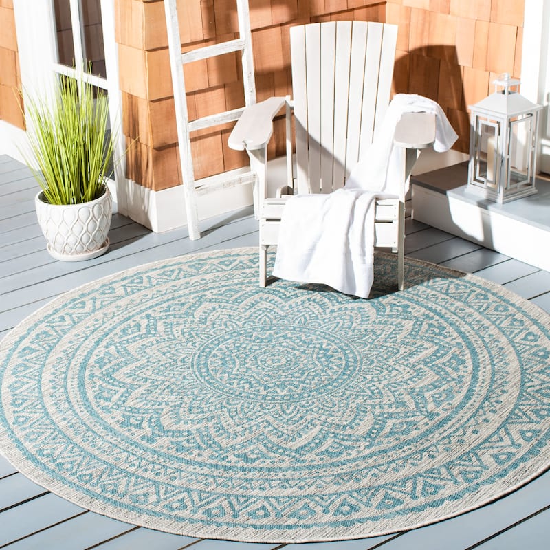 SAFAVIEH Courtyard Fran Mandala Indoor/ Outdoor Waterproof Patio Backyard Rug - 6'7" Round - Light Grey/Aqua
