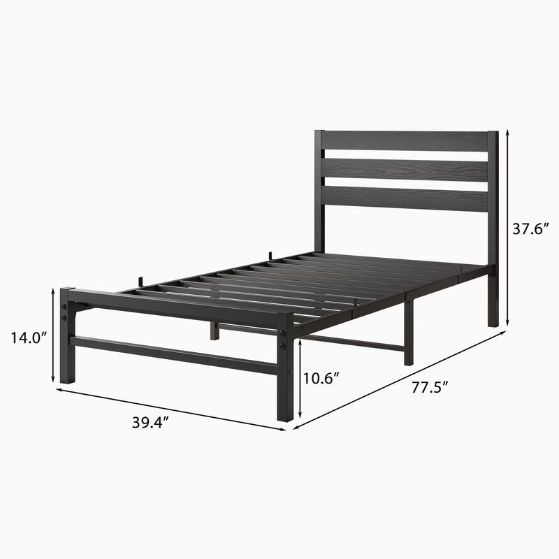 Metal Frame Platform Bed with Rustic Headboard, Wood Slats Support Bed