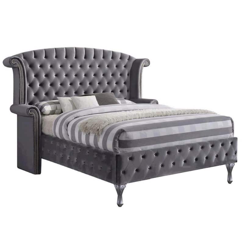 Velvet Upholstered Bed in Gray Finish - King