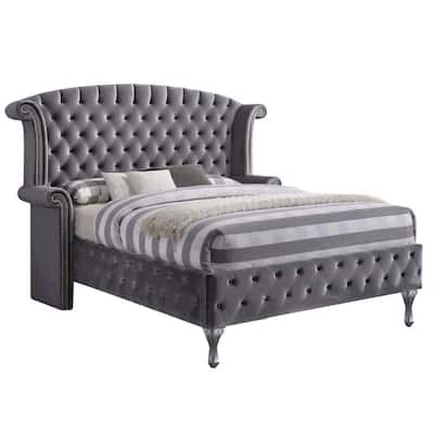 Velvet Upholstered Bed in Gray Finish