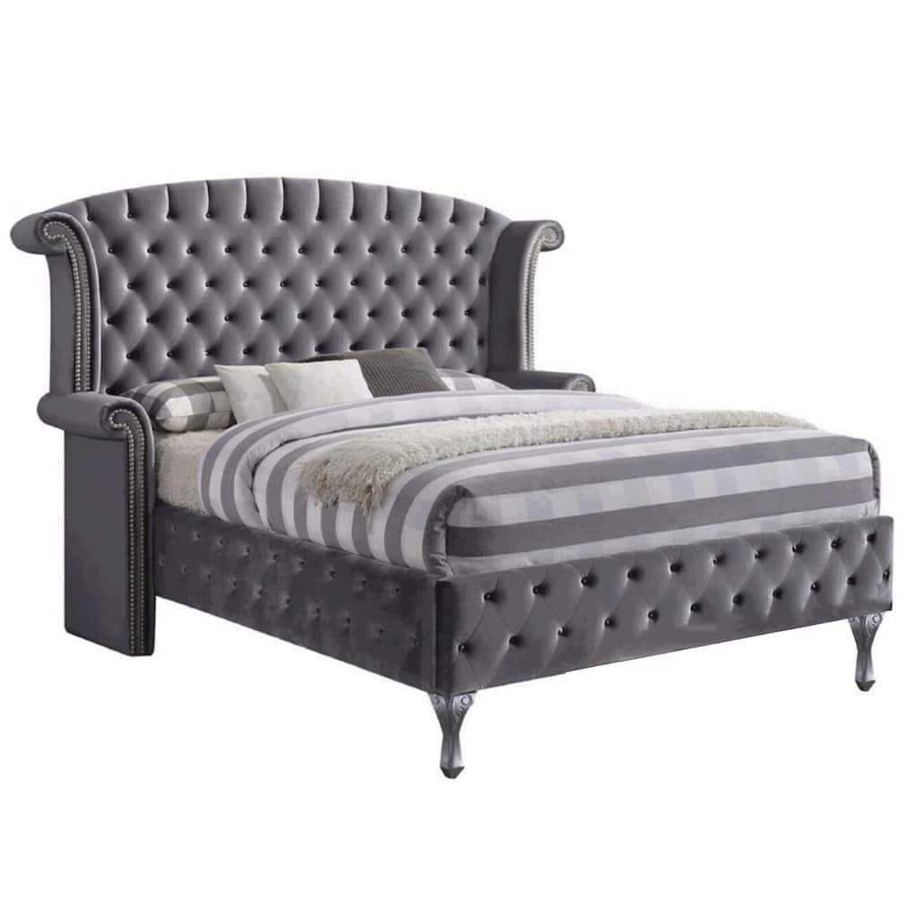 Velvet Upholstered Bed in Gray Finish