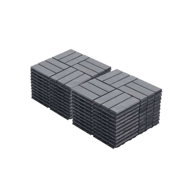 12"x12" Light Gray Acacia Wood Deck Tiles, Interlocking Checker Pattern for Outdoor