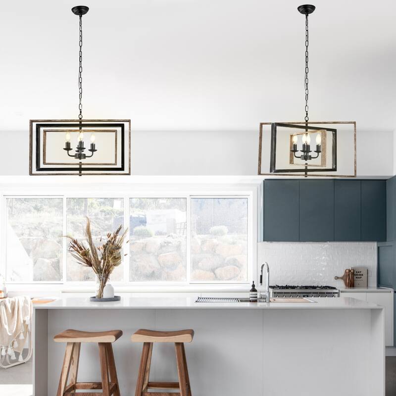 Oaks Aura Wooden Chandelier,Rectangular Frame Pendant Light,Farmhouse Hanging Lamp,Height Adjustable for Living Room,Dining Room