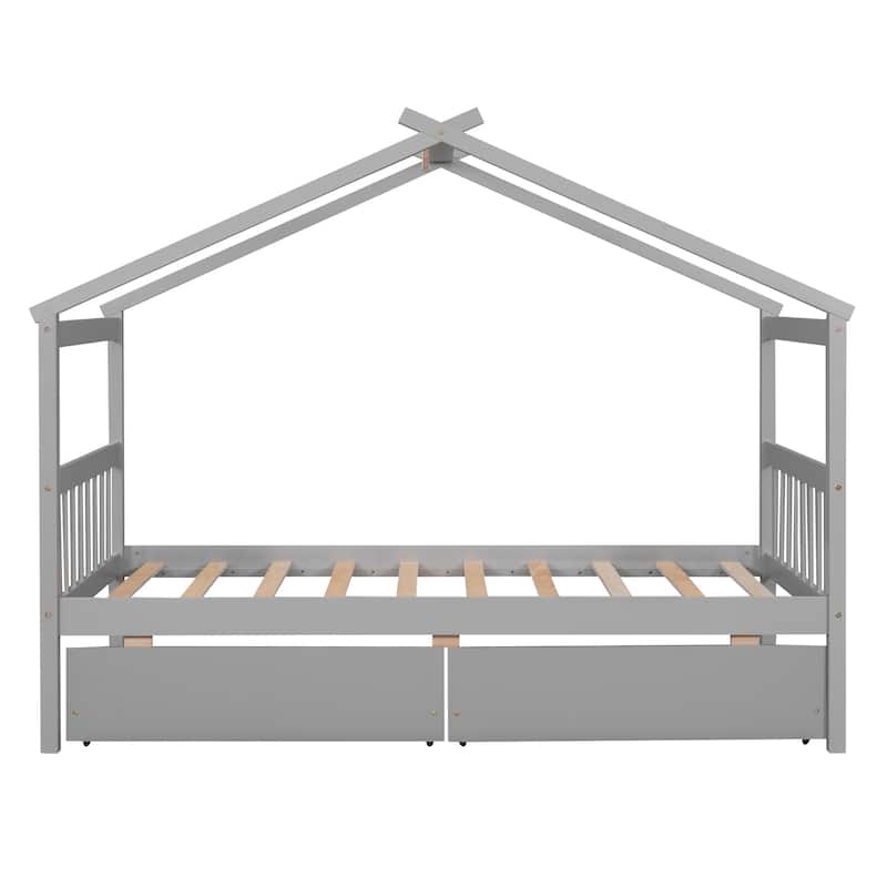 Creative Twin Size House-Shaped Wooden Bed with Drawers and Headboards for Kids