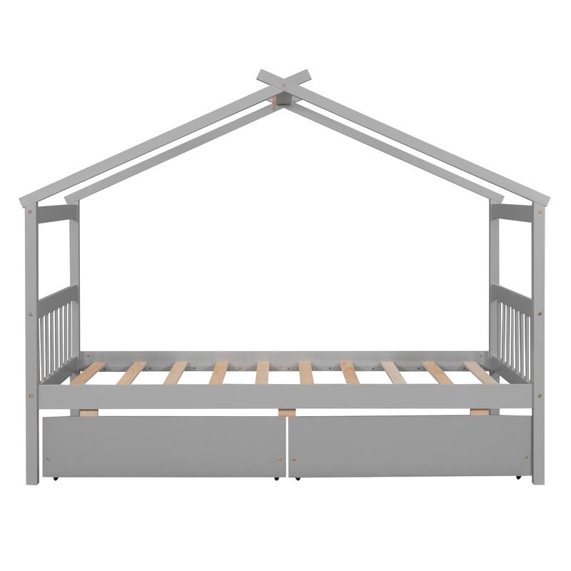 Twin Size Wooden House Bed with Drawers, Kids House-Shaped Daybed with Roof and Storage, Pinewood Frame, No Box Spring Needed