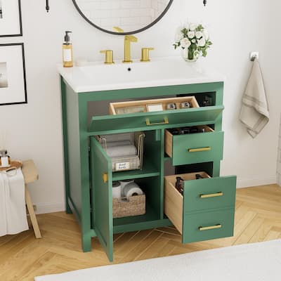 30-Inch Bathroom Vanity with Ceramic Sink Top, Freestanding Bathroom Vanity Cabinet with 1 Soft Close Door, 3 Drawers and Shelf