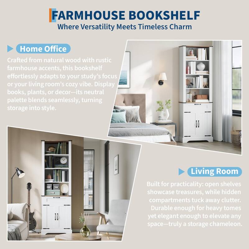 4 Tier Bookshelf with Storage Cabinet, 72" Tall Farmhouse Bookcase with and Barn Door and Drawer, Adjustable Shelves