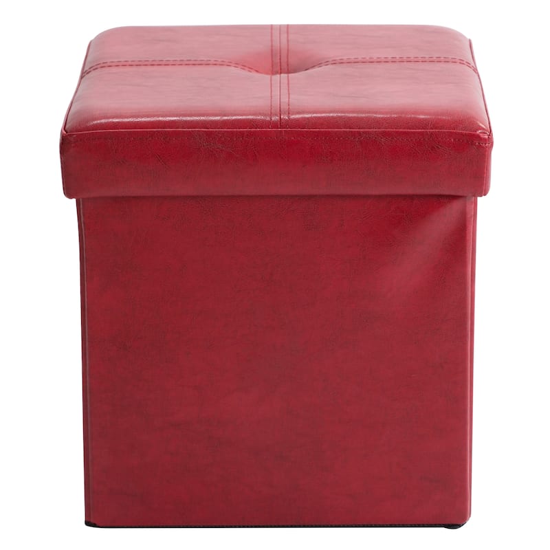 Simplify Red Faux Leather Folding Storage Ottoman Cube - 15" x 15" x 15"