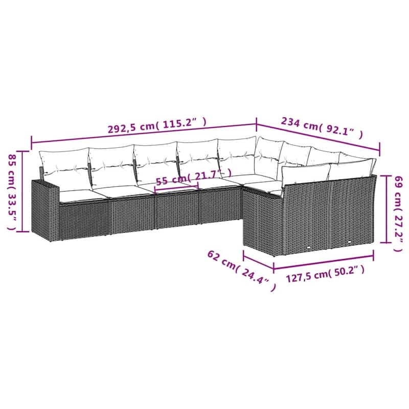 vidaXL Garden Sofa Set Grey PE rattan, powder-coated steel, polyester - 24.4 x 25.8 x 27.2