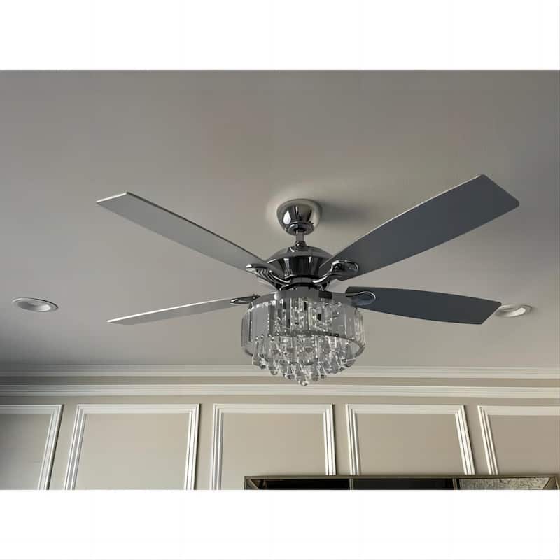 Modern Chrome 5-Blades Crystal Chandelier Ceiling Fan with Remote - 52 Inches