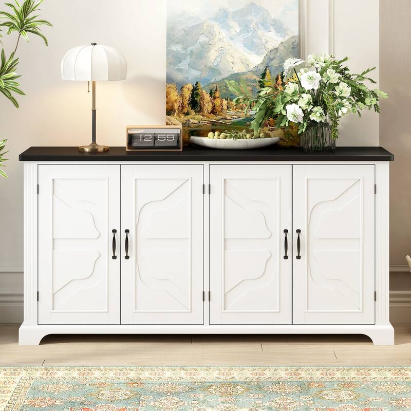 Wooden Sideboard with 4 Pine Doors and Legs, Buffet Cabinet with 4 Metal Handles, Storage Cabinet with Shelves