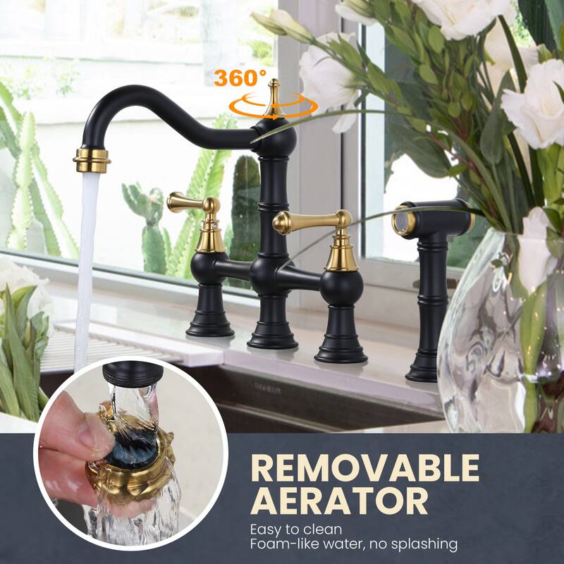 WOWOW Double Handle Bridge Kitchen Faucet with Side Sprayer